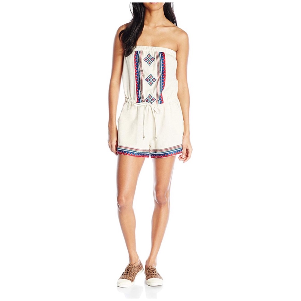 Angie Embroidered Linen Romper Cream Large